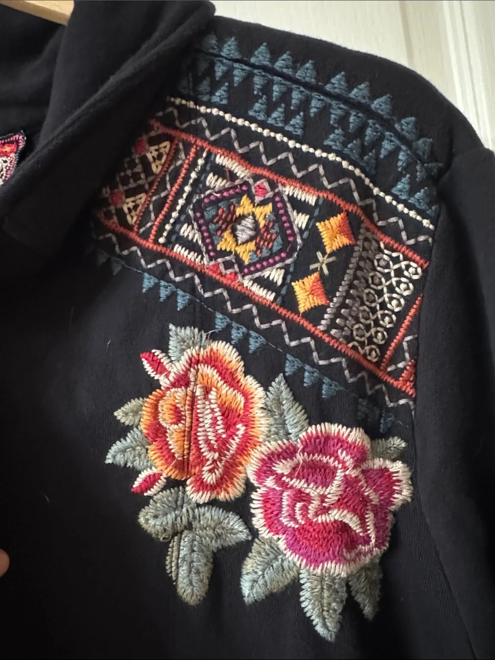 Johnny Was Black Embroidered Kimono| Duster with Rose Accents